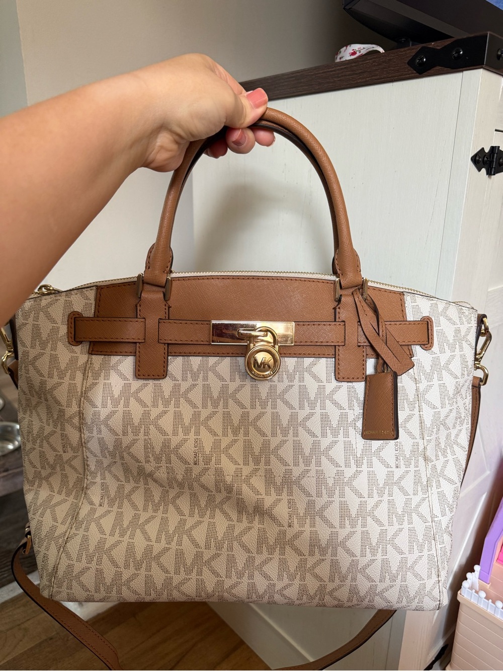 Michael Kors Beige Logo Tote with Brown Leather Trim